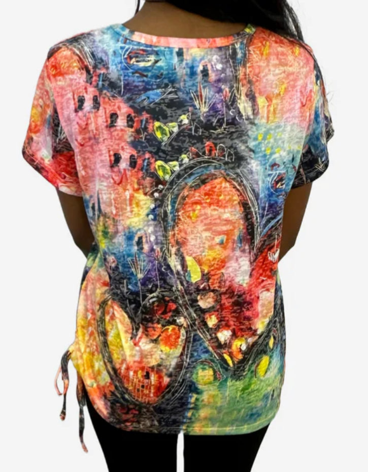 Cosmic Inspired Printed Short Sleeved Crew Neck Top with Ties