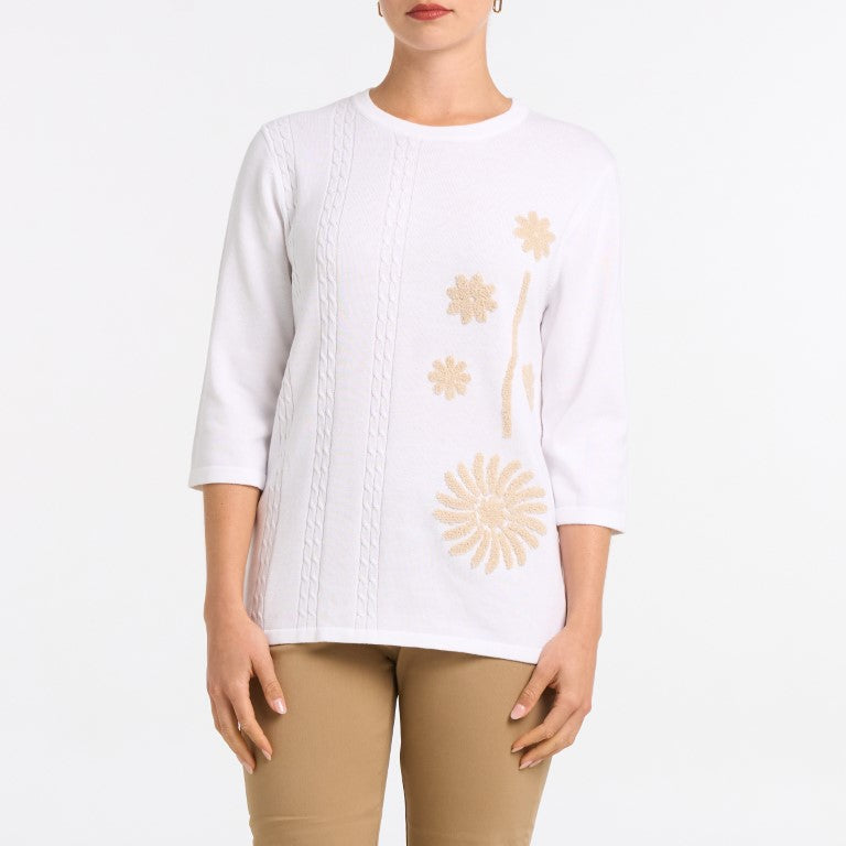 Floral Embroider knit Crewneck sweater in White