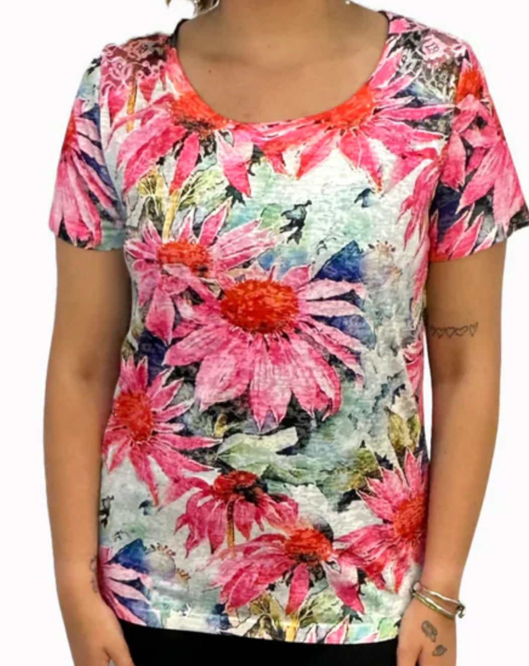 Floral Printed Short Sleeved Crew Neck Top