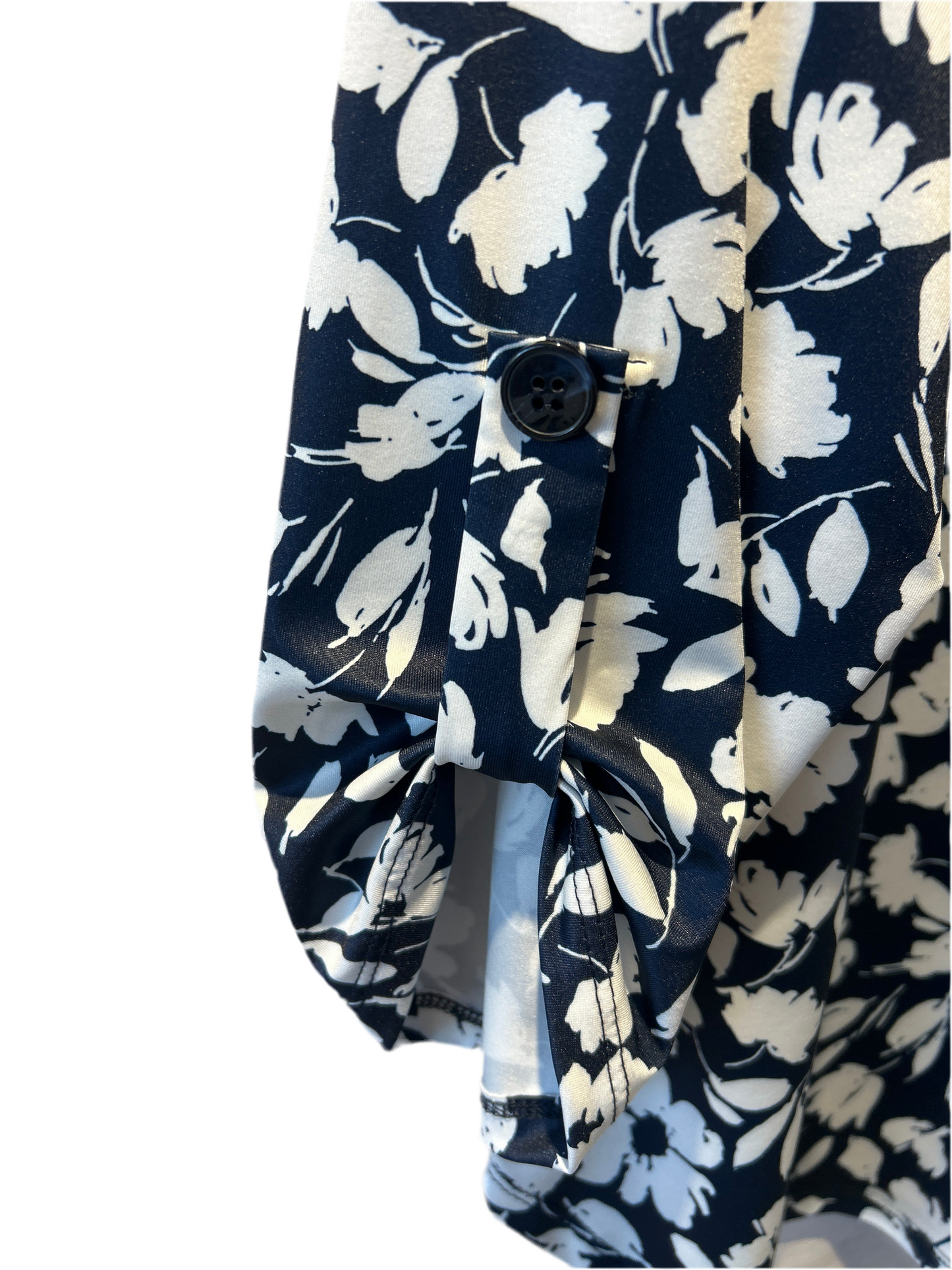 Deja Navy Vneck floral top with 3/4 roll tab sleeve