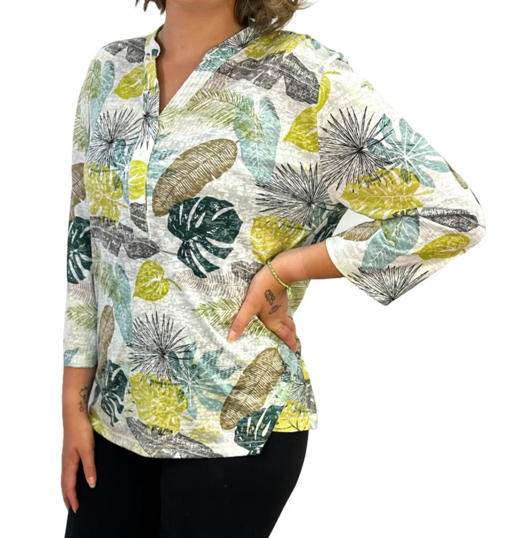 Palm Print Y-Neck Three Quarter Sleeved Top
