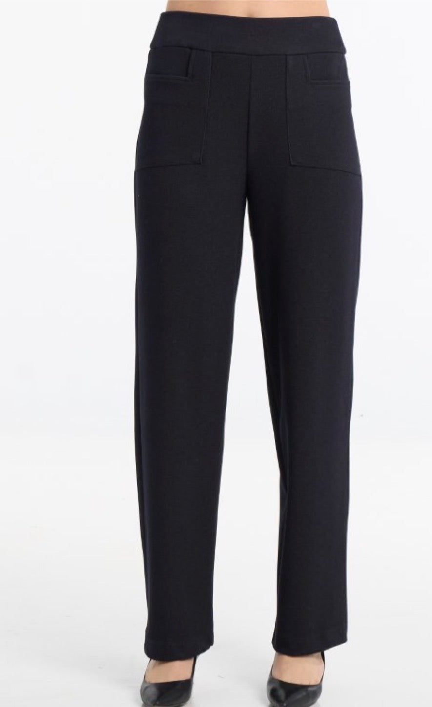 Stretch Denim-Look Patch-Pocket Black Trousers