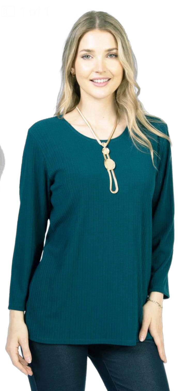 Teal green crewneck pullover top -Petite