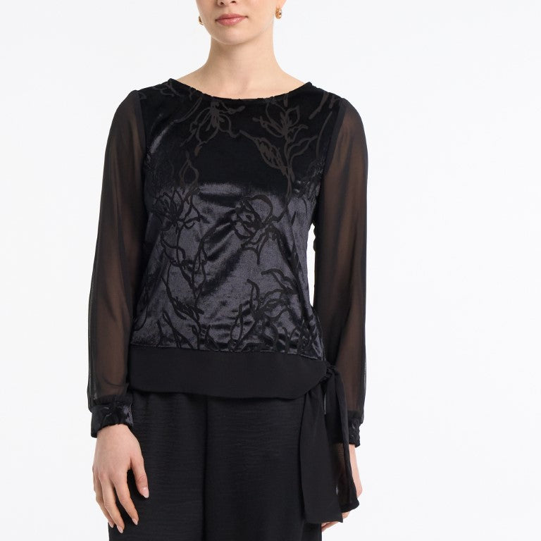 Devore velvet panel top with tie & sheer sleeves