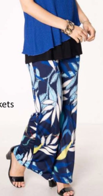 Julia printed blue leaves wide leg pant with pockets