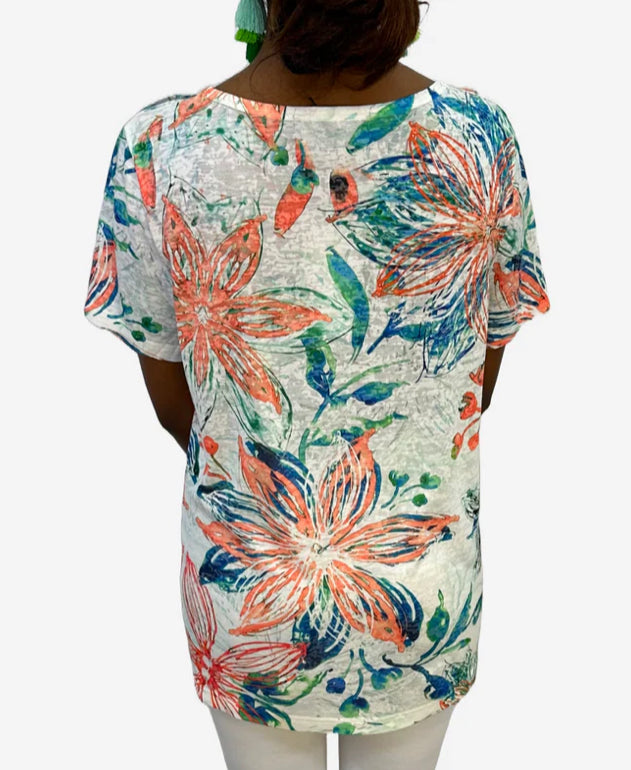 Imprinted Floral Print Crew-Neck Short-Sleeved Top
