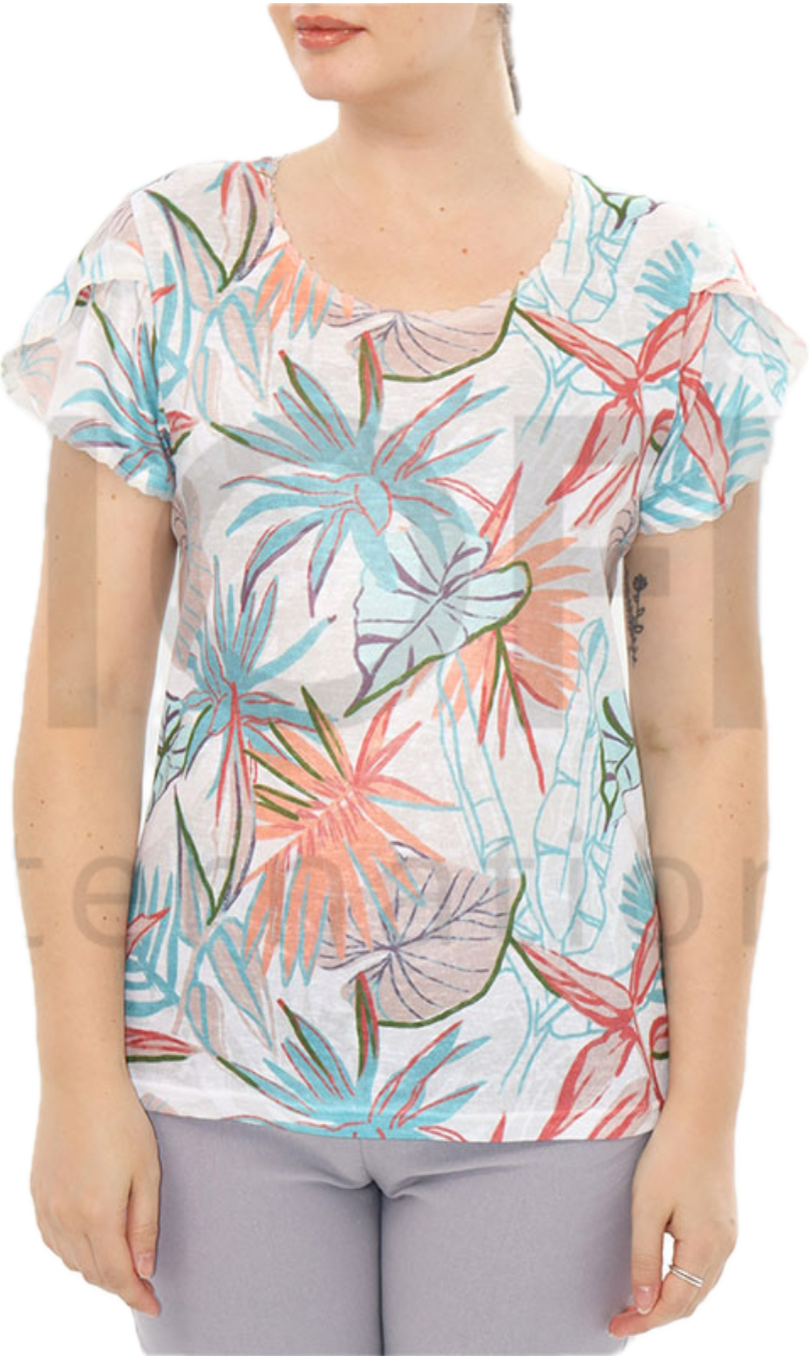 Scalloped crewneck top with short sleeves