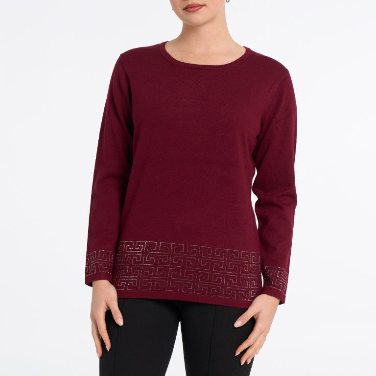 Greek Key Rhinestone Hem Knit Top