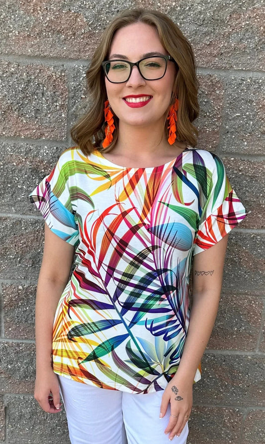 LT printed round neck top in vibrant fronds