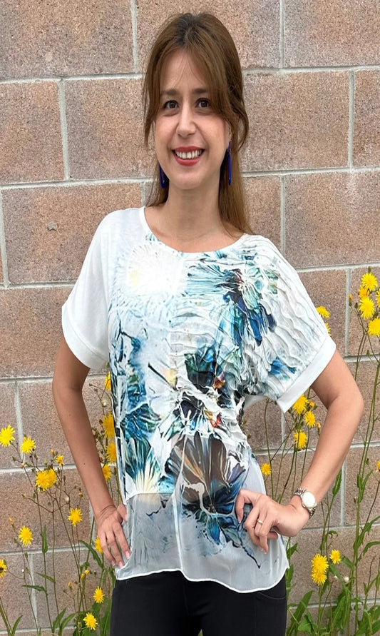 LT printed round neck top in with flutter detail