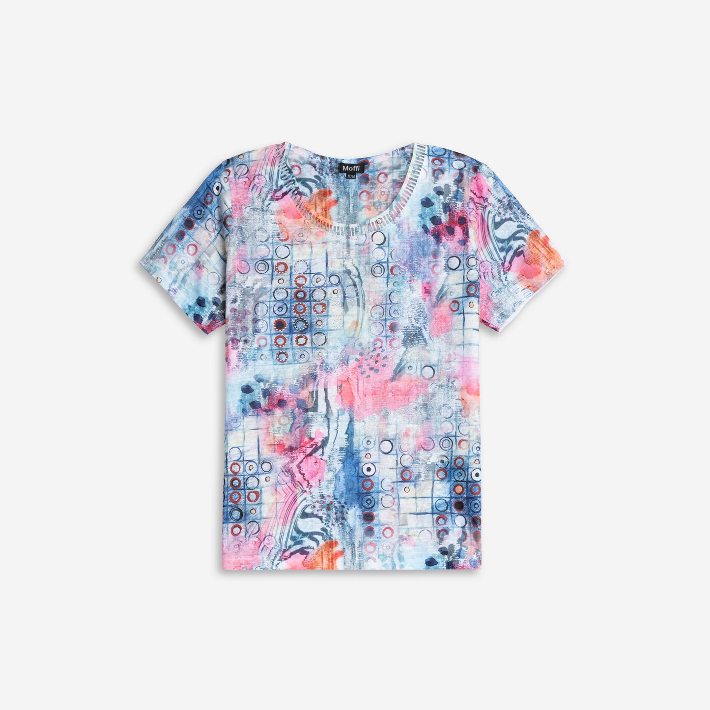 Short sleeve top with eyelet trim crewneckline