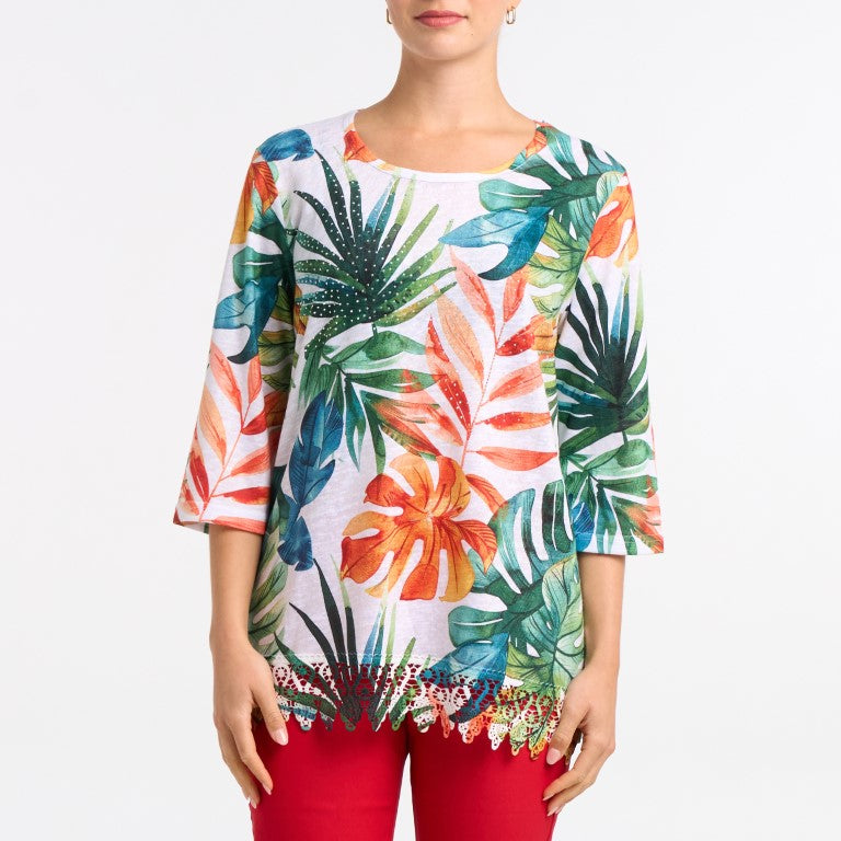 Vivid Tropics Crochet-Hem Top