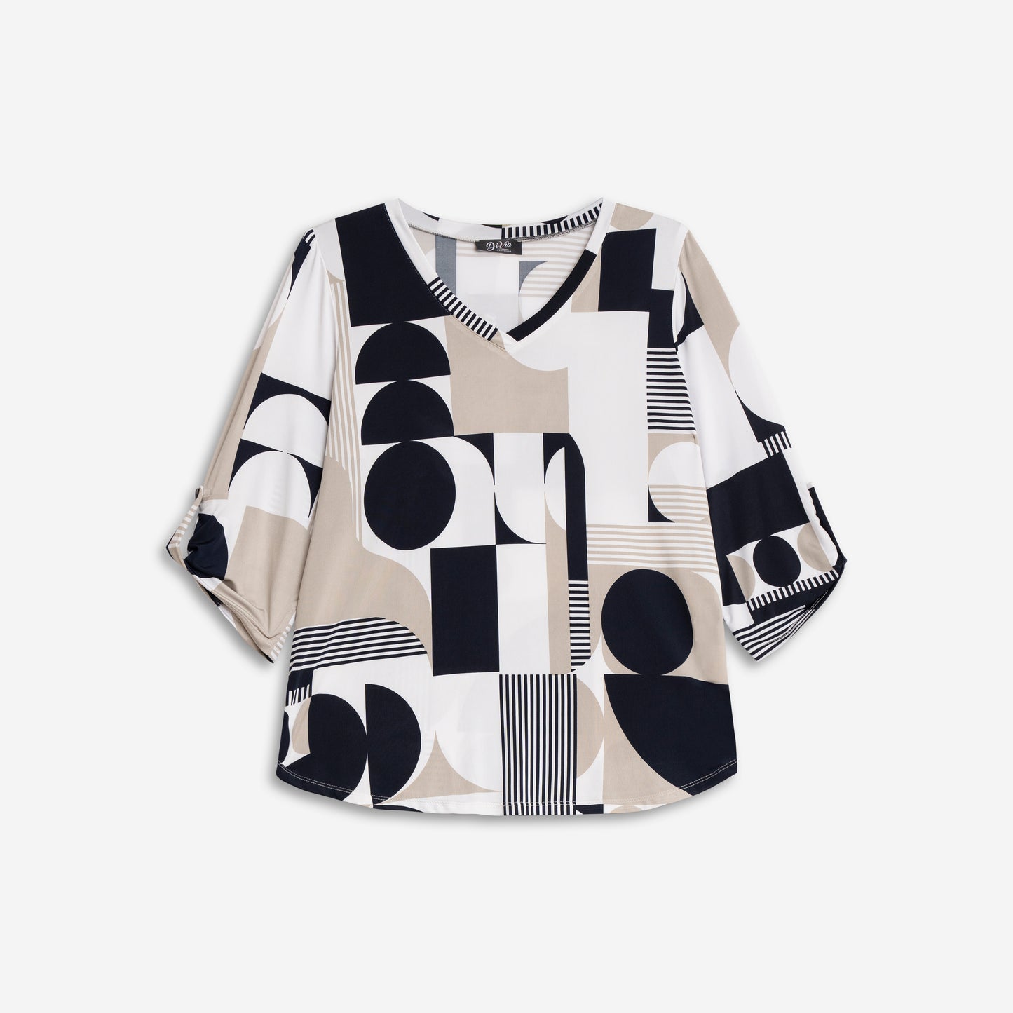 Deja exclusive abstract Vneck top with 3/4 roll tab sleeve