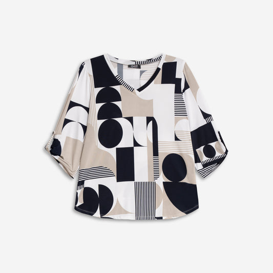 Deja exclusive abstract Vneck top with 3/4 roll tab sleeve