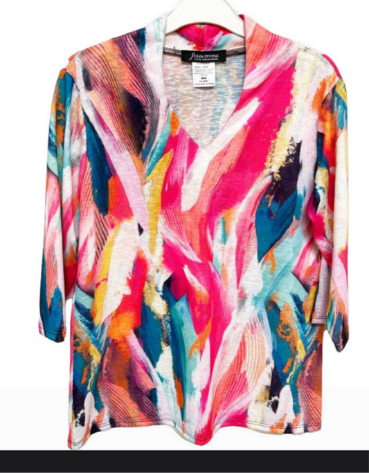 Multi pink petite high V neck top in 3/4 sleeves