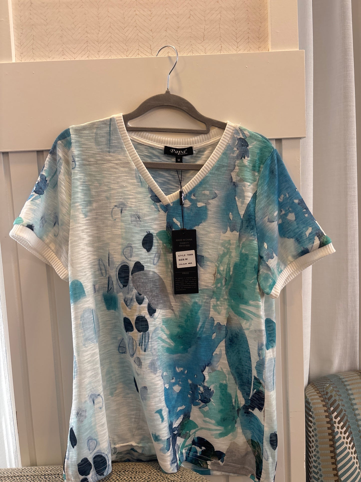 Teal abstract splatter top (T5956)