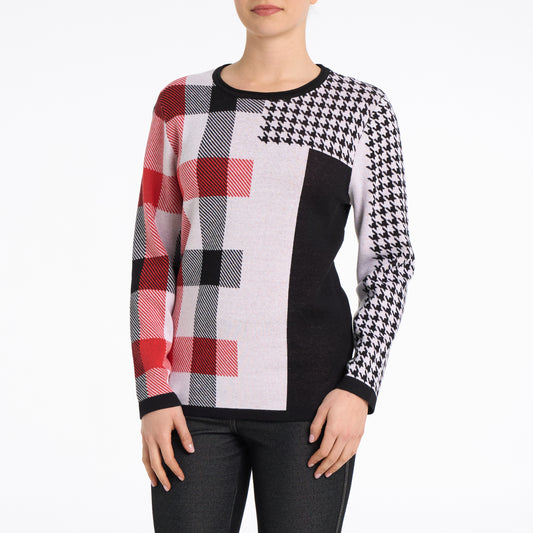 Crewneck knit sweater with houndstooth detail
