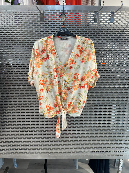 Deja top with rolled cap sleeves and tie waist