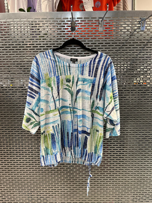 Kimono 3/4 sleeve printed top with drawstring hem