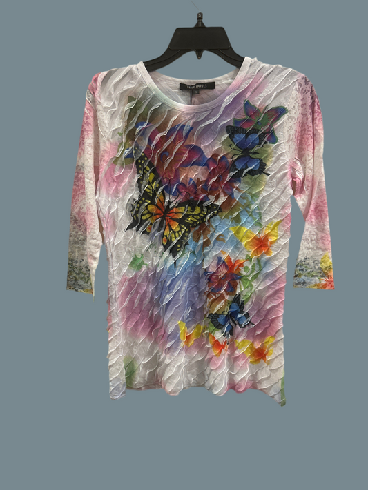 Printed Flutter-Print Crew-Neck Three Quarter-Sleeved Top
