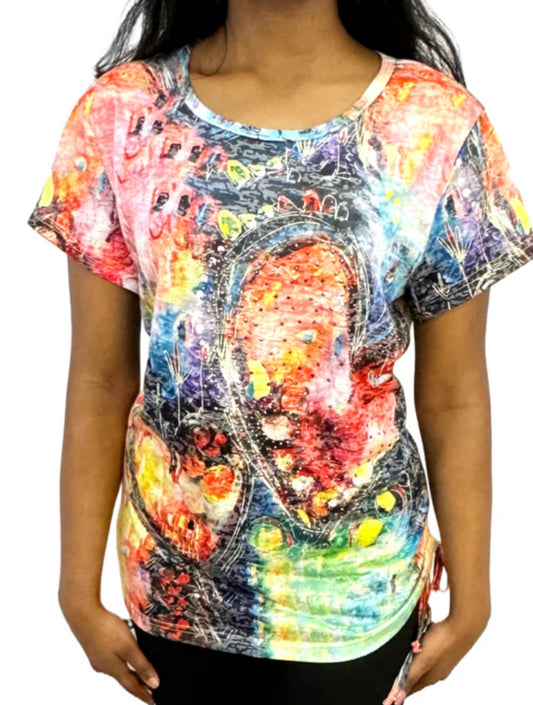 Cosmic Inspired Printed Short Sleeved Crew Neck Top with Ties