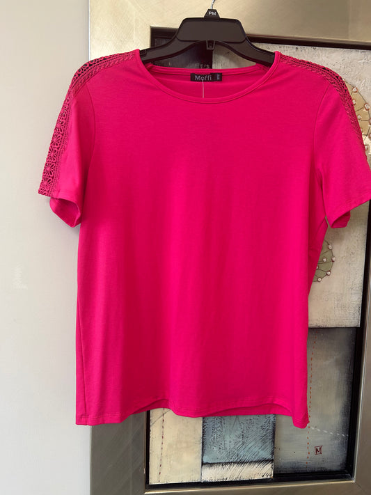 Short sleeve solid crewneck top with eyelet shoulder detail