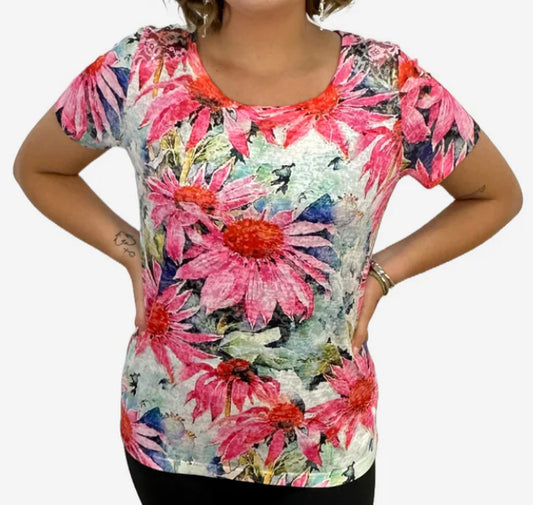 Floral Printed Short Sleeved Crew Neck Top