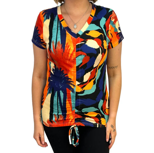 V-neck top with centre rouging detail and tie