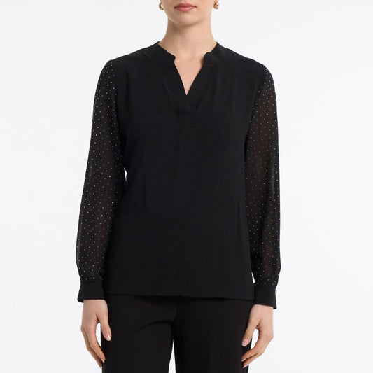 Rhinestone Mesh-Sleeve Split-Neck Blouse