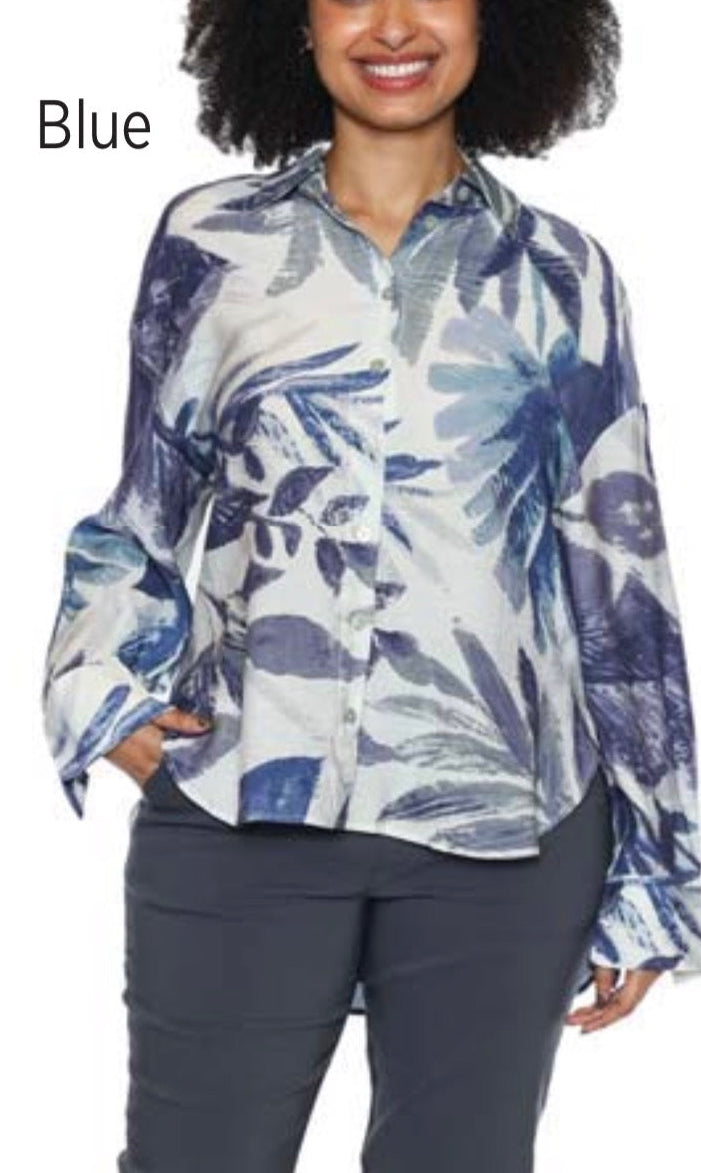 Printed Button Up Collared Blouse (T6130)