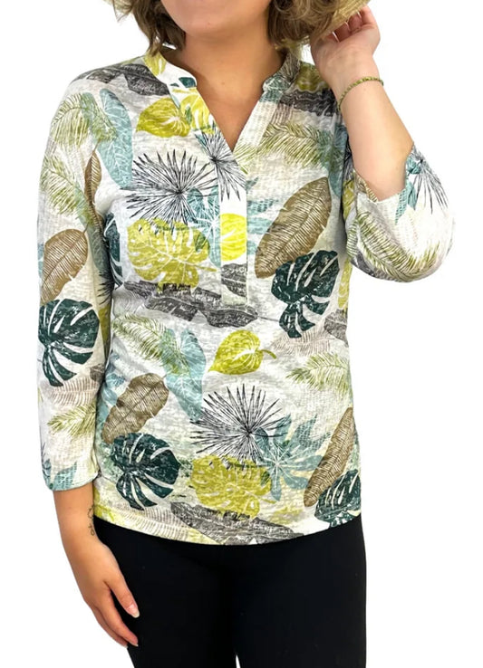 Palm Print Y-Neck Three Quarter Sleeved Top