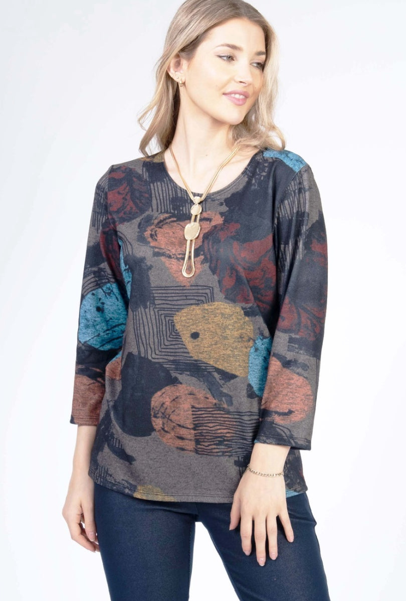 Turquoise print crewneck pullover top -Petite