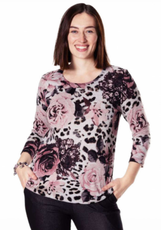 Rose animal print crewneck pullover top-Petite