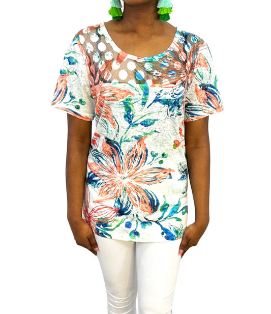 Imprinted Floral Print Crew-Neck Short-Sleeved Top