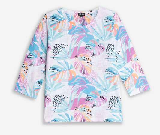 Vibrant crewneck 3/4 sleeve top with lace sleeves