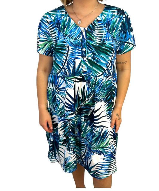 Fern Print V-Neck Short-Sleeved Button Dress