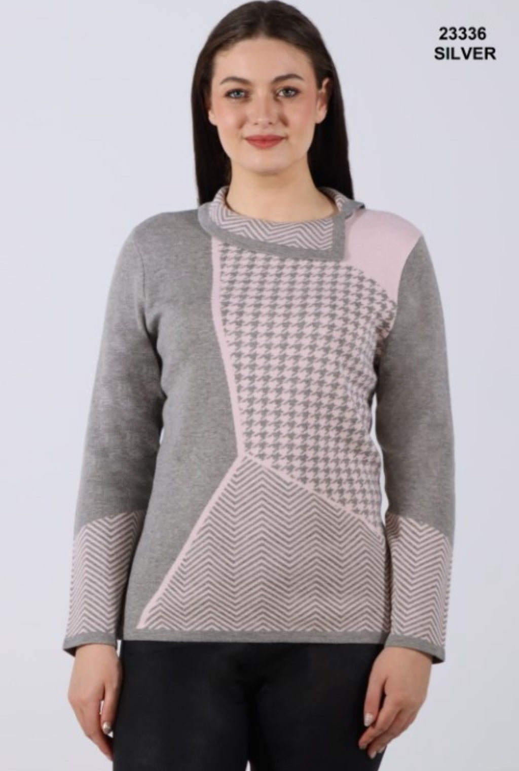 Split cowlneck sweater in hounds tooth print