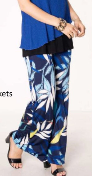 Julia  printed blue leaves wide leg pant with pockets