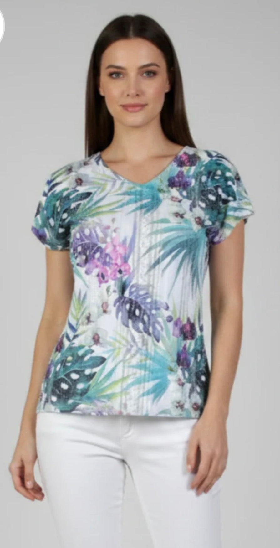 Leila knit printed lace overlay V-neck S/S top