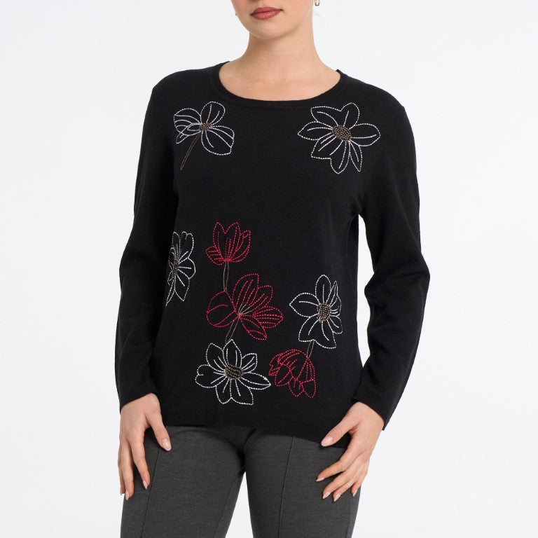 Embroidered Line-Art Floral Sweater