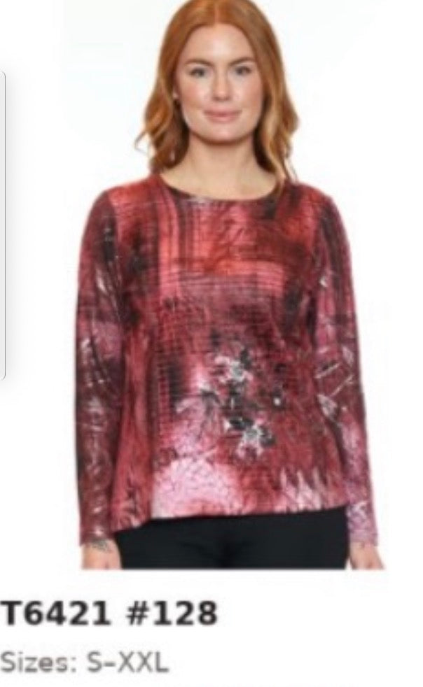 Burgundy Abstract Grid Long-Sleeve Top