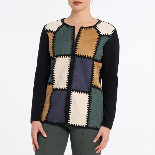 Faux-Suede Patchwork Zip-Front Jacket
