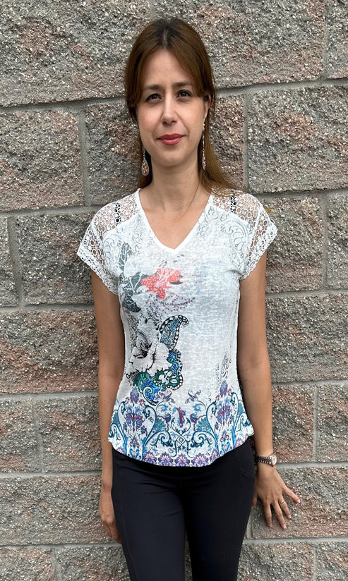 LT Knitted printed top with back lace detail