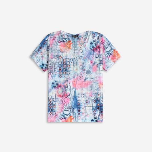 Short sleeve top with eyelet trim crewneckline