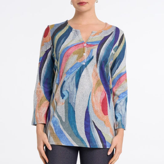 Abstract Swirl Split-Neck Henley Top