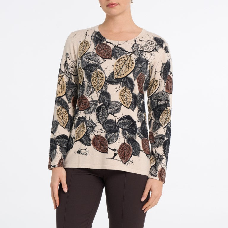 Cashmerelle Autumn Canopy Leaf-Print Knit Sweater